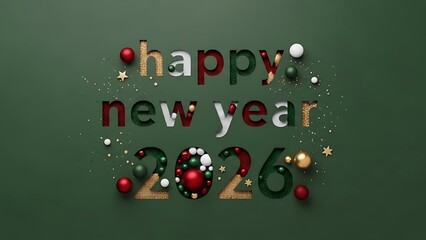 Festive 'Happy New Year 2026' greeting with 3D typography, baubles, and stars on a green background.