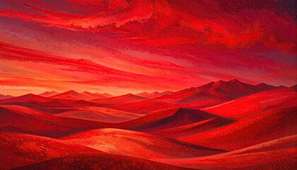 Vibrant Red Desert Landscape Under a Fiery Sunset Sky.