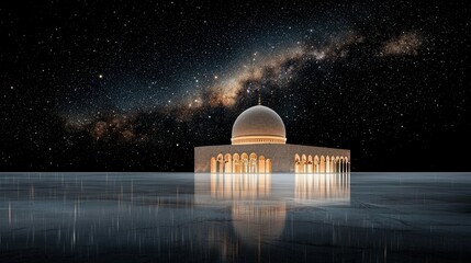 Obraz premium A mosque is reflected in water under a starry night sky, creating a serene and spiritual atmosphere.