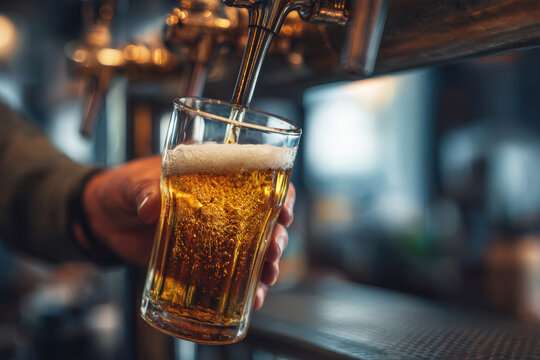 A close-up of a man's hand expertly pouring fresh lager from a tap into a glass, capturing the essence of a lively bar atmosphere filled with warmth