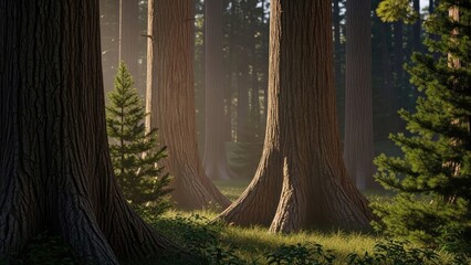 Majestic ancient redwood forest with towering trees and sunlight filtering through the canopy, peaceful natural landscape.