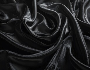 Dark, glossy, flowing fabric in swirling folds reflects light, creating depth and texture in a rich, elegant monochrome composition