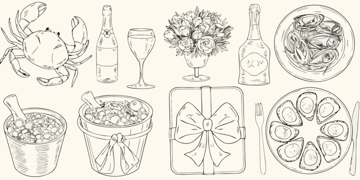Celebration sketch seafood champagne flowers and a gift
