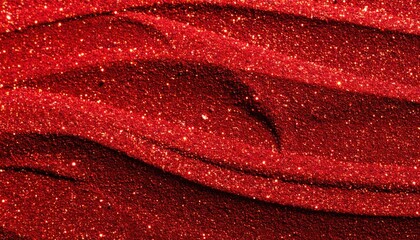 Close up abstract texture of sparkling red glitter fabric with wavy patterns.
