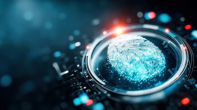 Digital fingerprint scanning event cybersecurity lab visual content high-tech environment close-up viewpoint identity verification concept