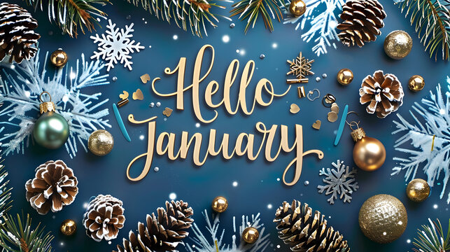 Festive hello january typography with frosty pine branches and winter decorations