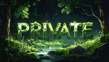 Mystical Forest Retreat with Moss-Covered 'Private' Word Art Display