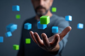 Man's open hand levitating several colorful cubes against a blurred grey background