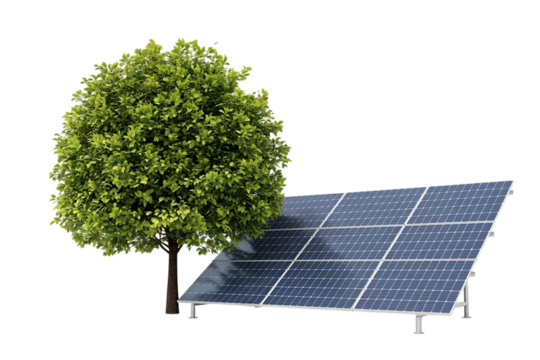 Green tree and solar panel isolated on white background