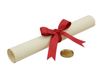 Meticulously rolled parchment diploma scroll, red satin ribbon, polished brass academic seal, isolated on seamless transparent, high-key studio, sharp focus, academic accomplishment concept