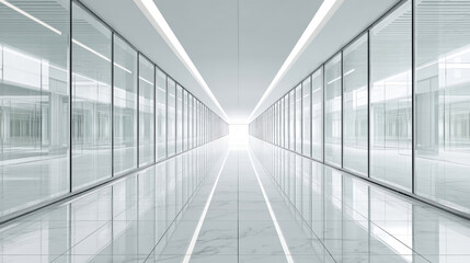 Obraz premium Bright and airy hallway showcases a contemporary office design with glass walls on both sides, reflecting light and creating an open feel for a productive workspace