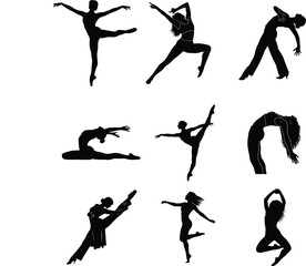 Silhouette collection of nine graceful dancers in various poses, isolated on, showcasing flexibility, artistry, and movement in a minimalist and elegant design