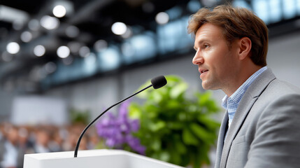 Confident speaker giving keynote at business conference with microphone and blurred audience