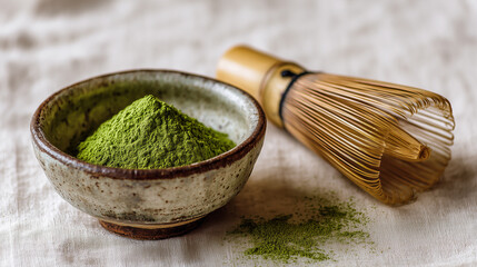 Japanese matcha ceremony set with green tea powder in rustic bowl and bamboo whisk