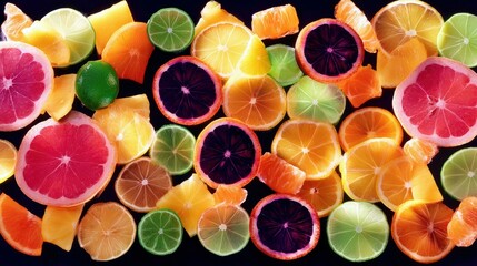 Overhead shot of various sliced citrus fruits, including oranges, grapefruits, limes, and lemons, arranged on a dark background.