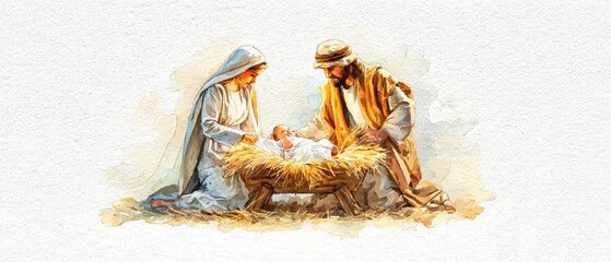 A charming depiction of the Holy Family around baby Jesus in the manger, capturing the joy and serenity of Christmas with vibrant colors and delightful details