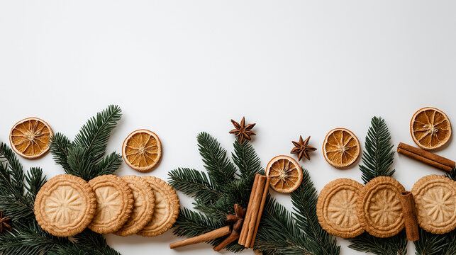 Christmas cooking border with fir sprigs, butter cookies, dried orange slices and cinnamon on white