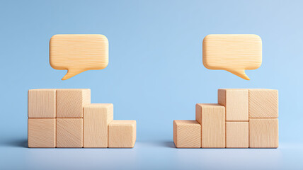 Two wooden structures with speech bubbles symbolizing communication, dialogue and the concept of building understanding through constructive conversational exchanges.
