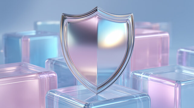 A transparent shield standing among geometric blocks symbolizing protection, trust and the broader concept of safeguarding valuable assets through secure structural frameworks.
