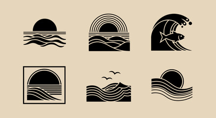 Collection of minimalist black and white ocean wave and sun icons with a fish and birds for nature and travel themes