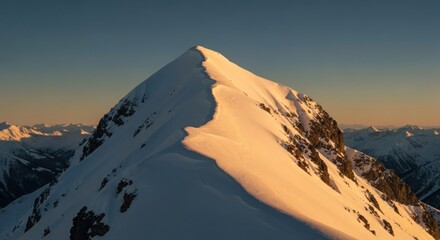 Snowy mountain peak bathed in golden sunset light.  Vast snowy slopes, sharp ridgeline, and distant peaks.  Sunrise/sunset hues paint the scene