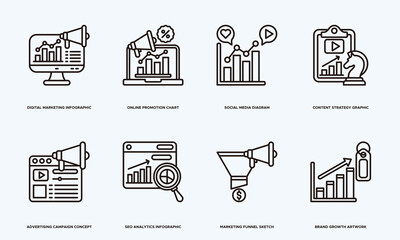 Digital Marketing Concept Creative Banner Featuring Online Promotion Charts, Social Media Marketing Diagrams, Content Strategy Elements, SEO Analytics Infographics and Funnel Marketing Sketches,