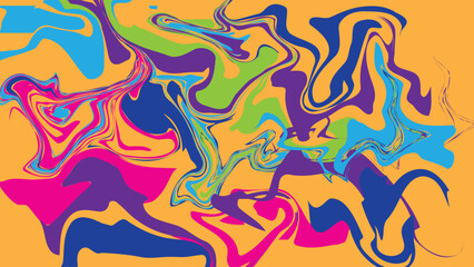 Colorful abstract painting with swirling shapes and vibrant hues of blue, green, purple, and pink against a warm orange background, creating a dynamic and modern design