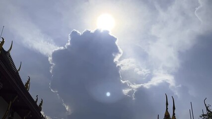The Sun's Shining with Big Clouds and Silhouette Parts of Roofs of Temple on Blue Sky Background Compound of a Monastery at Bangkok, Thailand. 19 MAY 2025, A.M./ Speed Up Video