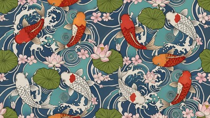 Elegant Seamless Japanese Koi Pattern With Lotus