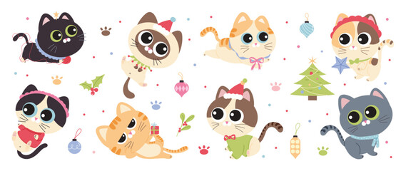 Fototapeta premium Cute Christmas and Happy New Year cat element vector illustration with festive outfits, ornaments, holly leaves, gifts, Christmas trees, stars, paw prints and playful holiday decorations. Suitable for