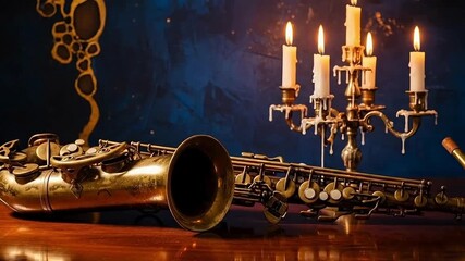 Vintage saxophone gleams beside lit candles in a moody jazz club setting creating a smooth and evocative atmosphere for music lovers