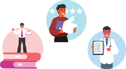 A collection of illustrations showcasing positive feedback, medical expertise, and career success, with a doctor holding a clipboard, a man giving a thumbs up, and a professional standing on books