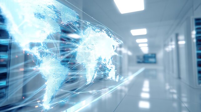 Futuristic control center visualizing global logistics optimized quantum computing holographic world map glowing supply chain route shipping container data block server rack blurred background clean