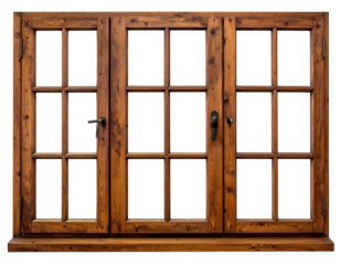 Three-section rustic wooden window frame with dark, empty panes