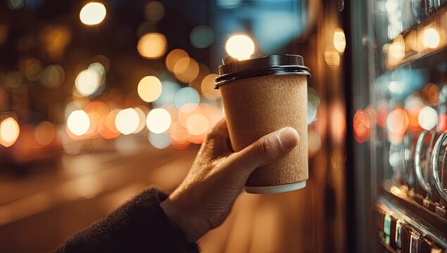 Hand holding a takeaway coffee cup in front of a vending machine at night with blurred bokeh lights