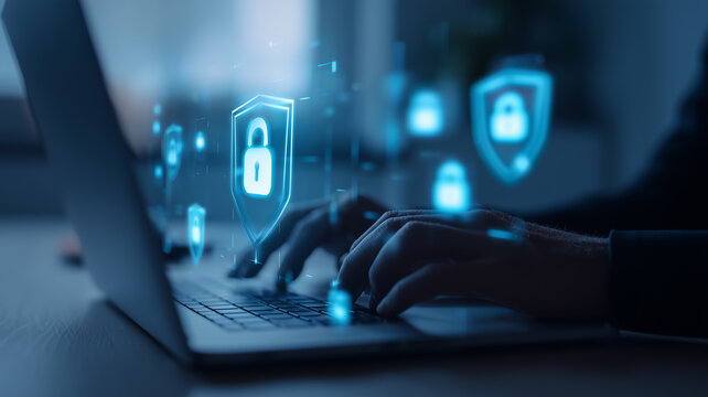 A security themed laptop scene highlighting digital protection, encrypted access and trust in safeguarded data environments.
