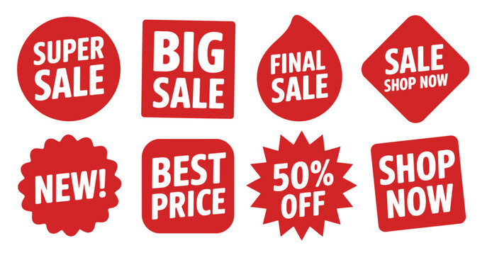 Red promotional sale labels showcasing super sale designs, final offer markers, new price icons, best price tags, and bold discount graphics suitable for e-commerce,