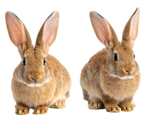 Two brown rabbits with long ears, looking ahead, black background