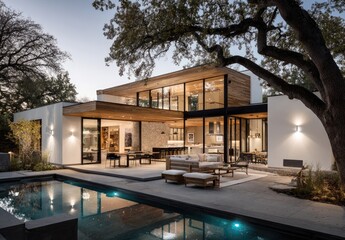 Fototapeta premium Modern home with pool at dusk, boasting large windows, open plan, and natural wood accents