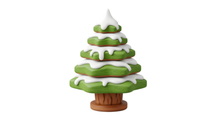 A festive stacked christmas tree cookie decorated with white icing, isolated on transparent background