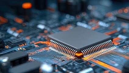 Close-up of a central processing unit (CPU) on a circuit board, with blue and orange lights