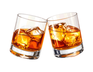 Two glasses of amber liquid with ice cubes clinking, celebrating