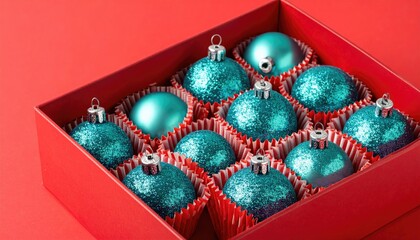 Red Gift Box with Blue Christmas Ornaments Flat Lay