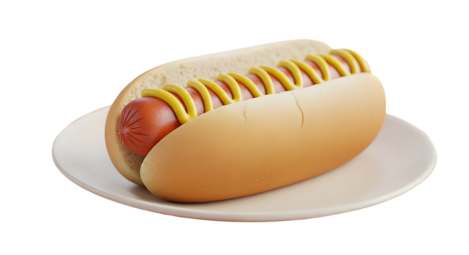 A classic grilled hot dog with a zigzag of yellow mustard served in a soft bun on a small white plate, isolated on transparent background