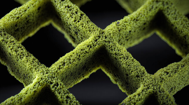 A close-up view of an intricate, green, and textured grid pattern. This geometric design suggests innovation and technological progress.