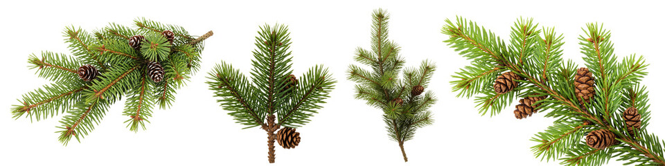 Set of Christmas pine branches and cones isolated on white