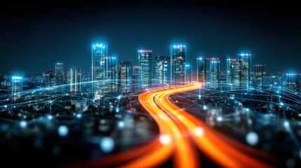 Dynamic urban nightscape traffic flowing through a smart city high-tech skyline aerial view futuristic concept