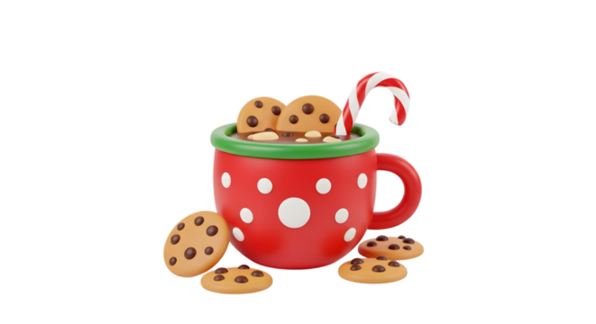 A charming 3d illustration of a festive red mug filled with hot chocolate, chocolate chip cookies, and a candy cane, isolated on transparent background - Powered by Adobe