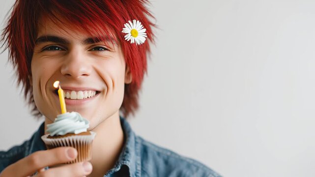 Happy young man with fiery red hair and a sunflower clutching a festive birthday cupcake topped with a glowing candle, set against a white backdrop with room for text