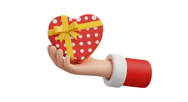 3d rendering of a hand wearing a santa cuff presenting a red heartshaped gift box with white polka dots and a yellow ribbon isolated on transparent background